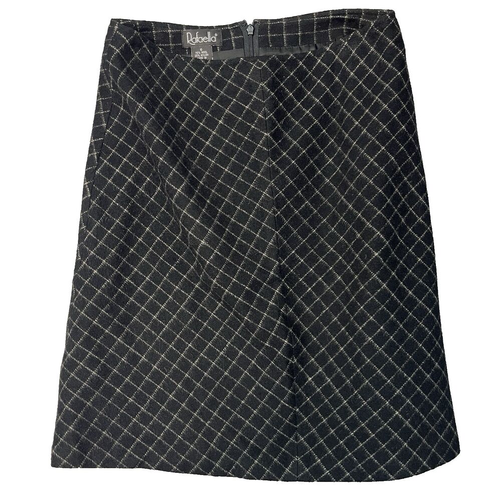 Vintage Wool Plaid Dark Academia Black Midi Pencil Skirt | Sz 6 Quiet Luxury